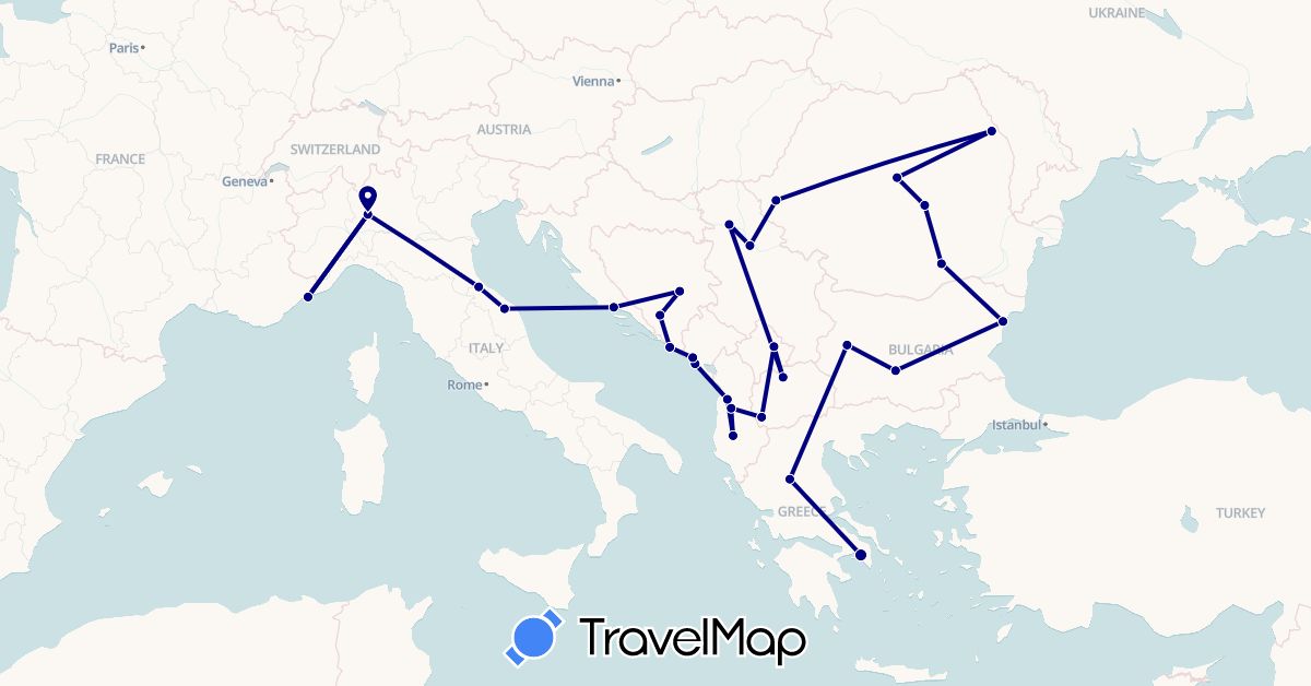TravelMap itinerary: driving in Albania, Bosnia and Herzegovina, Bulgaria, Greece, Croatia, Italy, Monaco, Montenegro, Macedonia, Romania, Serbia, San Marino, Kosovo (Europe)